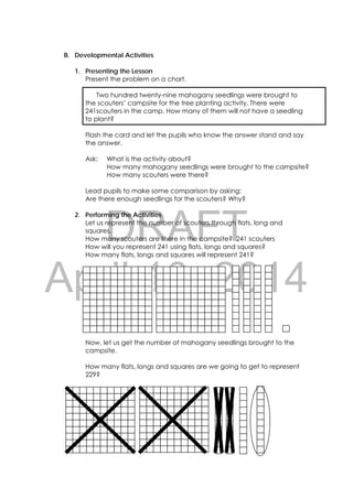 DRAFT
April 10, 2014
101 
 
B. Developmental Activities
1. Presenting the Lesson
Present the problem on a chart.
Two hundred twenty-nine mahogany seedlings were brought to
the scouters’ campsite for the tree planting activity. There were
241scouters in the camp. How many of them will not have a seedling
to plant?
Flash the card and let the pupils who know the answer stand and say
the answer.
Ask: What is the activity about?
How many mahogany seedlings were brought to the campsite?
How many scouters were there?
Lead pupils to make some comparison by asking:
Are there enough seedlings for the scouters? Why?
2. Performing the Activities
Let us represent the number of scouters through flats, long and
squares.
How many scouters are there in the campsite? 241 scouters
How will you represent 241 using flats, longs and squares?
How many flats, longs and squares will represent 241?
Now, let us get the number of mahogany seedlings brought to the
campsite.
How many flats, longs and squares are we going to get to represent
229?
 