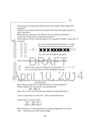 DRAFT
April 10, 2014
102 
 
Did you get enough flats? What about the longs? What about the
squares?
What do you notice with the squares? Are there enough squares to
get 9 squares?
What are you going to do? Where are you going to borrow?
How many longs are you going to borrow?
What will you do to1 long to make it into squares? (Trade 1 long with 10
squares)
= + =
How many longs and ones are left? (1 long and 2 squares)
What operation or process do we use when we take away things?
(Subtraction)
How will you write the number sentence for this problem?
Which will be the minuend? the subtrahend?
241 – 229 = n
Now, let us try to see the process using the expanded form.
Call on volunteers to write 241 – 229 in expanded form.
Lead them to arrive at this:
241 = 200 + 40 + 1
– 229 = 200 + 20 + 9
Remind them on the importance of proper alignment of values.
Ask: Where do we start subtracting?
So, how many squares are there in 1 long?
How many ones do you have in all now?
So, can you now get 9 squares?
What is the value of 1 long and 2 squares? 10 + 1 + 1 = 12
So, 12 scouters will not have seedlings to plant.
 