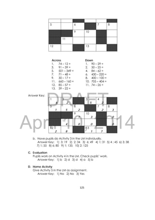 DRAFT
April 10, 2014
125 
 
5 6 7 8
9 10
11
12 13
Across Down
1. 74 – 12 = 1. 90 – 29 =
3. 91 – 39 = 2. 50 – 25 =
5. 501 – 349 = 4. 84 – 62 =
7. 71 – 48 = 6. 430 – 220 =
9. 30 – 17 = 8. 400 – 100 =
11. 660 – 160 = 10. 705 – 404 =
12. 85 – 57 =
13. 39 – 22 =
11. 74 – 26 =
Answer Key:
1
6
2
2
3
5
4
2
5
1 5
6
2
7
2
8
3
9
1
10
3 0
11
4 0 0 0
12
2 8
13
1 7
b. Have pupils do Activity 3 in the LM individually.
Answer Key: 1) 3; 19 2) 2; 34 3) 6; 49 4) 1; 31 5) 4 ; 45 6) 3; 38
7) 1; 55 8) 6; 80 9) 1; 135 10) 2; 125
C. Evaluation
Pupils work on Activity 4 in the LM. Check pupils’ work.
Answer Key: 1) b 2) d 3) d 4) a 5) b
D. Home Activity
Give Activity 5 in the LM as assignment.
Answer Key: 1) No 2) No 3) Yes
 