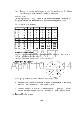 DRAFT
April 10, 2014
209 
 
1
2
3
45
6
7
8
Ask: Extend the number patterns in given activity, give the next 5 multiples
for a, b, c, and d using any of the above strategies.
Group Activity
Let each group do Activity 1 in the LM. Let them find the next 6 multiples of
the given number. Let them write their answers on their answer sheets.
Discuss the groups’ answers.
1) 3 6 9 12 15 18 21
2) 5 10 15 20 25 30 35
3) 7 14 21 28 35 42 49
4) 8 16 24 32 40 48 56
5) 9 18 27 36 45 54 63
6) 11 22 33 44 55 66 77
7) 13 26 39 52 65 78 91
8) 15 30 45 60 75 90 105
9) 24 48 72 96 120 144 168
10) 33 66 99 132 165 198 231
3. Processing the Activities
Ask each group to present their work and ask them how they were able to
get the multiples of a given number.
Ask them to discuss their answers on the work sheet.
4. Reinforcing the Concept
Show a number wheel to the class. e.g.
Call a group and ask a member to spin the number wheel.
a. In the first spin, whichever number will show up all members of the group
will state 10 of the multiples of that 1- digit number.
b. In the second spin, whichever number will show up in the first and in the
second spin, all members will state 5 multiples of that 2 – digit numbers.
5. Summarizing the Lesson
 