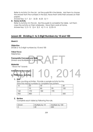 DRAFT
April 10, 2014
229 
 
Refer to Activity 3 in the LM. Let the pupils fill in the blanks. Ask them to choose
the answer from the numbers in the box. Have them write their answers on their
papers.
Answer Key: 1) 7 2) 1 3) 20 4) 23 5) 11
D. Home Activity
Refer to Activity 4 in the LM. Ask the pupils to complete the table. Let them
copy the activity on their notebooks. Have them work at home.
Answer Key: 1) 2 r 12 2) 4 3) 5 4) 11 r 6 5) 20 r 8
Lesson 50 Dividing 2- to 3-Digit Numbers by 10 and 100
Week 8
Objective
Divide 2- to 3-digit numbers by 10 and 100
Value Focus
Helpfulness
Prerequisite Concepts and Skills
Division and Multiples of 10 and 100
Materials
“Show me” boards
Instructional Procedures
A. Preliminary Activities
1. Drill
Skip counting activities: Provide a sample activity for this.
Give the missing numbers to complete the pattern.
10 20 30 50
70 80 90 100
160 170 180 190
900 800 500
2. Review
Complete each table by following the rule.
Given Multiply by 10 Multiply by 100
2 20 200
 
