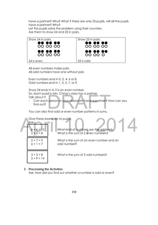 DRAFT
April 10, 2014
258 
 
have a partner? Why? What if there are only 23 pupils, will all the pupils
have a partner? Why?
Let the pupils solve the problem using their counters.
Ask them to show 24 and 23 in pairs.
Show 24 in pairs.
24 is even.
Show 23 in pairs.
23 is odd.
All even numbers make pairs
All odd numbers have one without pair.
Even numbers end in 0, 2, 4, 6 or 8.
Odd numbers end in 1, 3, 5, 7, or 9.
Since 24 ends in 4, it is an even number.
So, each pupil in Mrs. Ching’s class has a partner.
Talk about it
- Can each person in your classroom have a partner? How can you
find out?
You can also find odd or even number patterns in sums.
Give these examples to pupils.
Ask:
6 + 6 = 12 What kind of numbers are the addends.
2 + 6 = 8 What is the sum of 2 even numbers?
2 + 7 = 9 What is the sum of an even number and an
6 + 1 = 7 odd number?
3 + 5 = 8 What is the sum of 2 odd numbers?
5 + 9 = 14
3. Processing the Activities
Ask: How did you find out whether a number is odd or even?
 