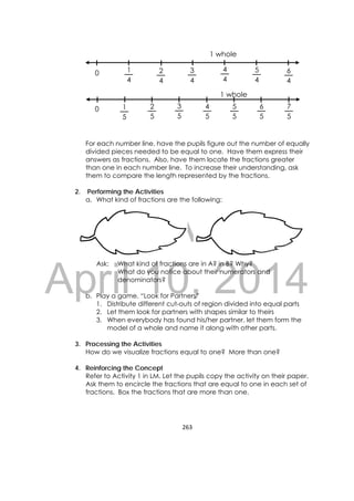 DRAFT
April 10, 2014
263 
 
For each number line, have the pupils figure out the number of equally
divided pieces needed to be equal to one. Have them express their
answers as fractions. Also, have them locate the fractions greater
than one in each number line. To increase their understanding, ask
them to compare the length represented by the fractions.
2. Performing the Activities
a. What kind of fractions are the following:
Ask: What kind of fractions are in A? in B? Why?
What do you notice about their numerators and
denominators?
b. Play a game. “Look for Partners”
1. Distribute different cut-outs of region divided into equal parts
2. Let them look for partners with shapes similar to theirs
3. When everybody has found his/her partner, let them form the
model of a whole and name it along with other parts.
3. Processing the Activities
How do we visualize fractions equal to one? More than one?
4. Reinforcing the Concept
Refer to Activity 1 in LM. Let the pupils copy the activity on their paper.
Ask them to encircle the fractions that are equal to one in each set of
fractions. Box the fractions that are more than one.
  
2
2
4
4
3
3
5
5
6
6
A
8
6
5
7
7
4
4
3
3
2
B
0 1
4
2
4
3
4
4
4
5
4
6
4
0 1
5
3
5
2
5
4
5
5
5
6
5
7
5
1 whole
1 whole
 