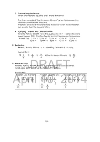 DRAFT
April 10, 2014
264 
 
5. Summarizing the Lesson
When are fractions equal to one? more than one?
Fractions are called “fractions equal to one” when their numerators
and denominators are the same.
Fractions are called “fractions more than one” when the numerators
are greater than the denominators.
6. Applying to New and Other Situations
Refer to Activity 2 in LM. Have the pupils write FE = 1 before fractions
equal to one, FM > 1 before fractions more than one on their papers.
Answer Key: 1) FE = 1 2) FM > 1 3) FM > 1 4) FM > 1 5) FE = 1
6) FE = 1 7) FM > 1 8) FE = 1 9) FM > 1 10) FE = 1
C. Evaluation
Refer to Activity 3 in the LM in answering “Who Am I?” activity.
Answer Key:
D. Home Activity
Refer to Activity 4 in LM. Ask the pupils to copy the exercise in their
notebooks. Let them fill up the table with fractions.
Answer Key:
Fraction Less than One Fraction Equal to One Fraction More than One
 
 
 
 
 
 
 
 
 
 
 
5
5
9
8
9
4
1) 2) 3) 4) fractions equal to one 5) 10
10
3
2
10
10
8
6
3
3
9
4
9
9
11
11
5
6
5
11
5
12
5
10
8
15
9
2
7
7
5
5
8
4
 
