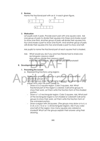 DRAFT
April 10, 2014
269 
 
2. Review
Name the fractional part with an X in each given figure.
1) 2)
3)
3. Motivation
Let pupils work in pairs. Provide each pair with one square card. Ask
one group of pairs to divide their squares into three and shade a part
to show one-third. Another group of pairs will divide their squares into
four and shade a part to show one-fourth. And another group of pairs
will divide their squares into two and shade a part to show one-half.
Ask pupils to name the fractional part of each square that is shaded.
Ask: What would you do if you and two friends had to share one
rectangular cassava cake?
How will you divide the cassava cake?
If you divide it equally, what trait do you demonstrate?
B. Developmental Activities
1. Presenting the Lesson
a. Representing fractions using regions
Distribute a graphing paper or a grid paper (as shown) and
crayons to groups of 3.
Let each group draw the following regions in the graphing or grid
paper and color the parts asked for.
- Draw a 3 x 3 square region. Color 3 squares. Ask: What
fractional part of the region is colored. Call some groups to
show their work. Let them write the fraction form of the shaded
portion.
- Draw a 1 x 5 rectangular region. Color 2 squares. Ask: What part
of the rectangular region is not shaded or colored? Call some
groups to show their work. Let them write the fraction form of
the unshaded portion.
- Draw a region with 24 squares. (The groups may draw a 4 x 6, a
3 x 8, a 2 x 12 or a 1 x 24 rectangular region). Ask: If you color
one-half of the region, how many squares are colored or
shaded? Why? Let the groups explain their answer using their
drawing.
x x
x
 