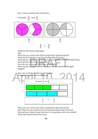 DRAFT
April 10, 2014
280 
 
Let us have another pair of fractions.
Compare and .
Observe the above examples.
Ask:
What do you notice with their numerators? denominators?
What kind of fractions are these? (Dissimilar Fractions)
How will you classify these fractions in comparison to one whole? (They
are fractions with more or less than 1.)
How do you compare these sets of fractions?
What do you notice with the fractions as their denominator gets
bigger?
Now, let us have another set of fractions
Present these other set of fractions.
<
What do you notice with their numerators? denominators?
Ask: What do you call this kind of fractions? (Dissimilar fractions)
How will you classify these fractions in comparison with one whole?
(They are fractions less than one.)
3
4
 
3
5
 
5
3
5
4
   
5
3
5
4
5
3
5
4
>
 