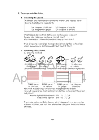 DRAFT
April 10, 2014
285 
 
B. Developmental Activities
1. Presenting the Lesson
What recipe do you think Kathleen’s mother plans to cook?
Do you also help your mother at home? How?
What household chores do you do to help your mother?
If we are going to arrange the ingredients from lightest to heaviest,
which should come first? second? third? fourth? Why?
2. Performing the Activities
a. Drawing Method
3/4 kilogram 1/2 kilogram 1/8 kilogram 1/4 kilogram
of chicken of sayote of ginger of onions
Let us use some drawings to represent the weight of each ingredient.
3/4 kilogram 1/2 kilogram 1/8 kilogram 1/4 kilogram
of chicken of sayote of ginger of onions
Ask: From the drawing, which one is the lightest? heaviest?
How will you arrange the fractions from lightest to heaviest? heaviest
to lightest?
Answer: lightest to heaviest – 1/8, 1/4, 1/2, 3/4
heaviest to lightest – 3/4, 1/2, 1/4, 1/8
Emphasize to the pupils that when using diagrams in comparing the
value of fractions, see to it that wholes are always of the same shape
and size.
Kathleen and her mother went to the market. She helped her in
buying the following ingredients:
3/4 kilogram of chicken 1/2 kilogram of sayote
1/8 kilogram of ginger 1/4 kilogram of onions
 