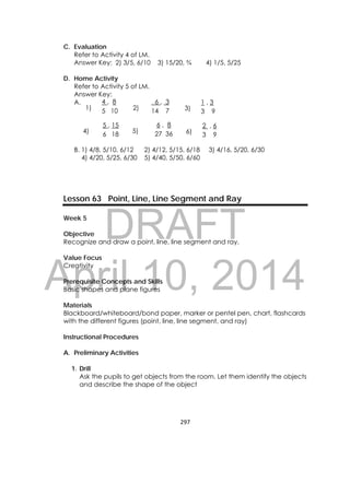 DRAFT
April 10, 2014
297 
 
C. Evaluation
Refer to Activity 4 of LM.
Answer Key: 2) 3/5, 6/10 3) 15/20, ¾ 4) 1/5, 5/25
D. Home Activity
Refer to Activity 5 of LM.
Answer Key:
A.
B. 1) 4/8, 5/10, 6/12 2) 4/12, 5/15, 6/18 3) 4/16, 5/20, 6/30
4) 4/20, 5/25, 6/30 5) 4/40, 5/50, 6/60
Lesson 63 Point, Line, Line Segment and Ray
Week 5
Objective
Recognize and draw a point, line, line segment and ray.
Value Focus
Creativity
Prerequisite Concepts and Skills
Basic shapes and plane figures
Materials
Blackboard/whiteboard/bond paper, marker or pentel pen, chart, flashcards
with the different figures (point, line, line segment, and ray)
Instructional Procedures
A. Preliminary Activities
1. Drill
Ask the pupils to get objects from the room. Let them identify the objects
and describe the shape of the object
4 , 8
5 101)
5 , 15
6 18
4)
6 , 8
27 365)
6 , 3
14 72)
1 , 3
3 93)
2 , 6
3 9
6)
 