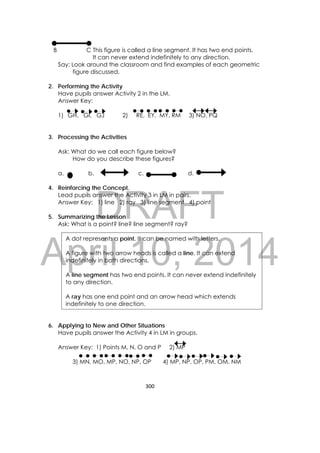 DRAFT
April 10, 2014
300 
 
B C This figure is called a line segment. It has two end points.
It can never extend indefinitely to any direction.
Say: Look around the classroom and find examples of each geometric
figure discussed.
2. Performing the Activity
Have pupils answer Activity 2 in the LM.
Answer Key:
1) GH, GI, GJ 2) RE, EY, MY, RM 3) NO, PQ
3. Processing the Activities
Ask: What do we call each figure below?
How do you describe these figures?
a. b. c. d.
4. Reinforcing the Concept.
Lead pupils answer the Activity 3 in LM in pairs.
Answer Key: 1) line 2) ray 3) line segment 4) point
5. Summarizing the Lesson
Ask: What is a point? line? line segment? ray?
6. Applying to New and Other Situations
Have pupils answer the Activity 4 in LM in groups.
Answer Key: 1) Points M, N, O and P 2) MP
3) MN, MO, MP, NO, NP, OP 4) MP, NP, OP, PM, OM, NM
A dot represents a point. It can be named with letters.
A figure with two arrow heads is called a line. It can extend
indefinitely in both directions.
A line segment has two end points. It can never extend indefinitely
to any direction.
A ray has one end point and an arrow head which extends
indefinitely to one direction.
 