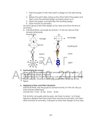 DRAFT
April 10, 2014
317 
 
1. Fold the paper in half, then paint a design on the side facing
up.
2. Before the paint dries, bring up the other half of the paper and
fold it over the painted design and press down on it.
3. Open the paper, and describe the resulting design.
4. Draw the line of symmetry.
Let each group share their design to the class and show the line of
symmetry.
b. Individual Work: Let pupils do Activity 1 in the LM. Discuss their
answers afterwards.
Answer Key:
5. Summarizing the Lesson
When does a figure have a line of symmetry? Where is the line of
symmetry in a design or figure?
A figure has a line of symmetry if you can fold the figure so both parts
match exactly. The line of symmetry passes thru the center of the
figure.
6. Applying to New and Other Situations
Individual Work: Ask the pupils to answer Activity 2 in the LM. Discuss
their answers afterwards.
Answer Key: 1) Yes 2) Yes 3) No 4) No
Pair Activity: Let pupils work by pairs. Ask them to draw 1 or 2 basic
figures or designs that have more than one line of symmetry. Let them
draw the lines of symmetry. Call pairs to share their designs to the class.
triangle
oval
spoon
star
rectangle
bowling pin
cone
eight
 