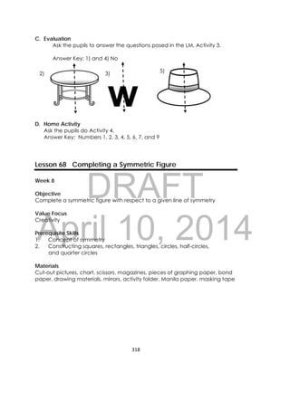 DRAFT
April 10, 2014
318 
 
C. Evaluation
Ask the pupils to answer the questions posed in the LM, Activity 3.
Answer Key: 1) and 4) No
D. Home Activity
Ask the pupils do Activity 4.
Answer Key: Numbers 1, 2, 3, 4, 5, 6, 7, and 9
Lesson 68 Completing a Symmetric Figure
Week 8
Objective
Complete a symmetric figure with respect to a given line of symmetry
Value Focus
Creativity
Prerequisite Skills
1. Concept of symmetry
2. Constructing squares, rectangles, triangles, circles, half-circles,
and quarter circles
Materials
Cut-out pictures, chart, scissors, magazines, pieces of graphing paper, bond
paper, drawing materials, mirrors, activity folder, Manila paper, masking tape
w
2) 3)
5)
 