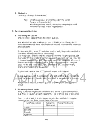 DRAFT
April 10, 2014
352 
 
3. Motivation
Let the pupils sing “Bahay Kubo.”
Ask: What vegetables are mentioned in the song?
Do you eat vegetables?
Which vegetable mentioned in the song do you eat?
Why do we need to eat vegetables?
B. Developmental Activities
1. Presenting the Lesson
Show a kilo of eggplants and a kilo of guavas.
Ask: Which is heavier, a kilo of guavas or 1 000 grams of eggplant?
How do you know? What instrument will you use to determine the mass
of an object?
Show a weighing scale (if available use the weighing scale used in the
canteen, feeding or science laboratory).
Call the pupils’ attention to the lines shown in the weighing scale. Let
them identify the smaller lines that represent grams (it can be 10 g, 100
g depending upon the weighing scale used). Let the pupils skip count
the smaller lines that represent the gram until they reach 1 kilogram
(e.g. 10, 20, and so on or 50, 100, 150, and so on.)Ask: How many
grams are there in one kilogram?
Pupils should realize that 1000 grams is equal to 1 kilogram.
Call a pupil to weigh the eggplants and call another pupil to read its
mass by grams and then by kilograms. Do the same with the guavas.
Ask: Which is heavier, a kilo of guavas or 1 000 grams of eggplant?
Why?
2. Performing the Activities
Bring out some vegetables and fruits and let the pupils identify each.
e.g. 4 kg of squash, 2 kg of eggplants, 1 kg of chico, 3kg of bananas
Call a pupil to weigh each bag of vegetables and fruits in kilogram
and in grams. Let them fill the table as shown.
Fruits/Vegetables Weight in
Kilogram/s
Weight in Grams
Chico
Banana
Squash
Eggplant
 