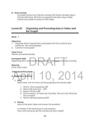 DRAFT
April 10, 2014
392 
 
D. Home Activity
Let pupils conduct an interview among their family members about
their favorite food. Ask them to organize their data using a table.
Create two problems based on their table.
Lesson 85 Organizing and Presenting Data in Tables and
Bar Graphs
Week 7
Objectives
1. Organize data in tabular form and present this into a vertical and
horizontal and vertical graph.
2. Construct a bar graph
Value Focus
Fairness and sportsmanship
Prerequisite Skills
Organizing data using tabular form, addition, subtraction and skip counting
Materials
Chart, flash cards
Instructional Procedures
A. Preliminary Activities
1. Drill
Flash cards, one at a time. Let the pupils give the answer orally.
1. What is 134 increased by 35?
2. What is 98 more than 122?
3. Deduct 93 from 380.
4. One number is 10 more than the other. The sum is 45. What are
the numbers?
5. What is 435 decreased by 85?
2. Review
Look at the given table and answer the questions.
A monkey in the forest loves to eat bananas.
How many bananas did the monkey eat each week?
 