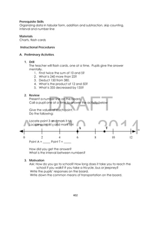 DRAFT
April 10, 2014
402 
 
Prerequisite Skills
Organizing data in tabular form, addition and subtraction, skip counting,
interval and number line
Materials
Charts, flash cards
Instructional Procedures
A. Preliminary Activities
1. Drill
The teacher will flash cards, one at a time. Pupils give the answer
mentally.
1. Find twice the sum of 10 and 5?
2. What is 240 more than 22?
3. Deduct 150 from 380.
4. What is the product of 12 and 50?
5. What is 335 decreased by 135?
2. Review
Present a number line on the board.
Call a pupil one at a time to answer the activity below
Give the values of each point.
Do the following:
Locate point 3 and mark it M.
Locate point 11 and mark it H
Point A = _____ Point T = _____
How did you get the answer?
What is the interval between numbers?
3. Motivation
Ask: How do you go to school? How long does it take you to reach the
school if you walk? If you take a tricycle, bus or jeepney?
Write the pupils’ responses on the board.
Write down the common means of transportation on the board.
 