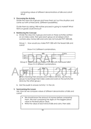 DRAFT
April 10, 2014
54 
 
 
comparing values of different denominations of bills and coins?
Why?
3. Processing the Activity
Divide the class into 4 groups and have them act out the situation and
come out with a final scene. (Different possibilities)
Guide them by asking: Will mother proceed in going to market? What
items or goods could she buy?
4. Reinforcing the Concept
a. Divide the class into 2 groups and work on these activities (written
on an index card), then give each group an envelope which
contains play money bills and coins (do not include PhP1 000 bill).
Group 1: How would you make PhP1 000 with the fewest bills and
coins?
Show it in 2 different combinations.
Bills Coins
Set 1
Set 2
Group 2: How would you make PhP1 000 with the fewest bills?
Show it in 2 different combinations
Bills Coins
Set 1
Set 2
(After checking their answers and if there is still time, ask the two
groups to exchange their index cards and work on the activity first
done by the other group.)
b. Ask the pupils to answer Activity 1 in the LM.
5. Summarizing the Lesson
Ask: How do we compare values of different denomination of bills and
coins?
 We should know the amount of money before comparing
them. We start comparing the digits on the biggest place
value to the least place value.
 Write the value of each kind of bills and coins, then add.
 