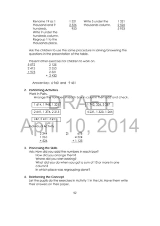 DRAFT
April 10, 2014
62 
 
Rename 19 as 1
thousand and 9
hundreds.
Write 9 under the
hundreds column.
Regroup 1 to the
thousands place.
1 321
2 526
953
Write 5 under the
thousands column.
1 321
2 526
5 953
Ask the children to use the same procedure in solving/answering the
questions in the presentation of the table.
Present other exercises for children to work on.
3 572
2 415
+ 973
2 125
2 553
2 321
+ 2 432
Answer Key: 6 960 and 9 431
2. Performing Activities
Work in Pairs.
Arrange the numbers in each box in column then add and check.
1 614, 1 948, 1 321 1 742, 326, 3 287
2 641, 1 376, 2 213 4 231, 1 323, 1 264
742, 5 411, 3 211
Individual Activity
1) 2 344
1 265
+ 526
2) 678
4 324
+ 1 125
3. Processing the Skills
Ask: How did you add the numbers in each box?
How did you arrange them?
Where did you start adding?
What did you do when you got a sum of 10 or more in one
column?
In which place was regrouping done?
4. Reinforcing the Concept
Let the pupils do the exercises in Activity 1 in the LM. Have them write
their answers on their paper.
 