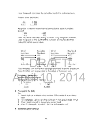 DRAFT
April 10, 2014
66 
 
Have the pupils compare the actual sum with the estimated sum.
Present other examples:
486
+ 312
5 425
+ 1 238
Ask pupils to identify the hundreds or thousands each number is
closest.
486 5 425
312 1 238
Then, recall the rules of rounding numbers using the given numbers.
Lead the pupils to find out that the numbers are rounded in their
highest/greatest place value.
Given
Numbers
Rounded
Numbers
Given
Numbers
Rounded
Numbers
486
312
798
Actual Sum
500
300
800
Estimated
Sum
5 125
1 238
6 363
Actual
Sum
5 000
1 000
6 000
Estimated
Sum
The estimated sum may either be larger or smaller than the exact sum.
The estimated sum is very close to the value of the exact sum.
2. Performing the Activity
Perform the activity in pair.
Estimate the sum to the nearest:
hundreds thousands
1) 532
+526
2) 2 345
+ 3 637
3. Processing the Skills
Ask:
1. To what place value was the number 532 rounded? How about
526?
2. To what place value were the numbers in item 2 rounded? Why?
3. What rules in rounding should you remember?
4. What final step did you do to find the estimated sum?
4. Reinforcing the Concept
 