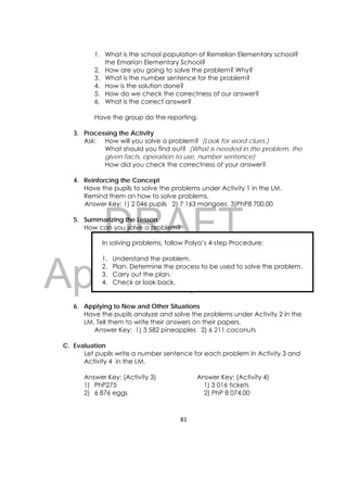 DRAFT
April 10, 2014
81 
 
1. What is the school population of Remelian Elementary school?
the Emarian Elementary School?
2. How are you going to solve the problem? Why?
3. What is the number sentence for the problem?
4. How is the solution done?
5. How do we check the correctness of our answer?
6. What is the correct answer?
Have the group do the reporting.
3. Processing the Activity
Ask: How will you solve a problem? (Look for word clues.)
What should you find out? (What is needed in the problem, the
given facts, operation to use, number sentence)
How did you check the correctness of your answer?
4. Reinforcing the Concept
Have the pupils to solve the problems under Activity 1 in the LM.
Remind them on how to solve problems.
Answer Key: 1) 2 046 pupils 2) 7 163 mangoes 3)PhP8 700.00
5. Summarizing the Lesson
How can you solve a problem?
6. Applying to New and Other Situations
Have the pupils analyze and solve the problems under Activity 2 in the
LM. Tell them to write their answers on their papers.
Answer Key: 1) 3 582 pineapples 2) 6 211 coconuts
C. Evaluation
Let pupils write a number sentence for each problem in Activity 3 and
Activity 4 in the LM.
Answer Key: (Activity 3) Answer Key: (Activity 4)
1) PhP275 1) 3 016 tickets
2) 6 876 eggs 2) PhP 8 074.00
In solving problems, follow Polya’s 4-step Procedure:
1. Understand the problem.
2. Plan. Determine the process to be used to solve the problem.
3. Carry out the plan.
4. Check or look back.
 