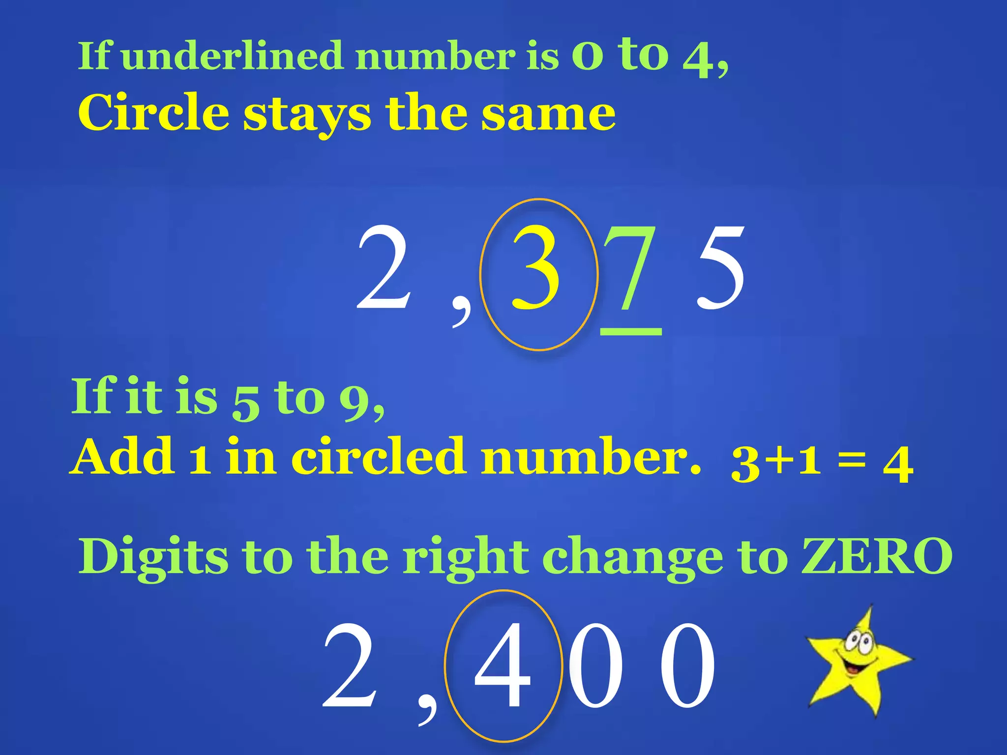 If underlined number is 0 to 4,
Circle stays the same
2 , 3 7 5
If it is 5 to 9,
Add 1 in circled number. 3+1 = 4
Digits to the right change to ZERO
2 , 4 0 0
 