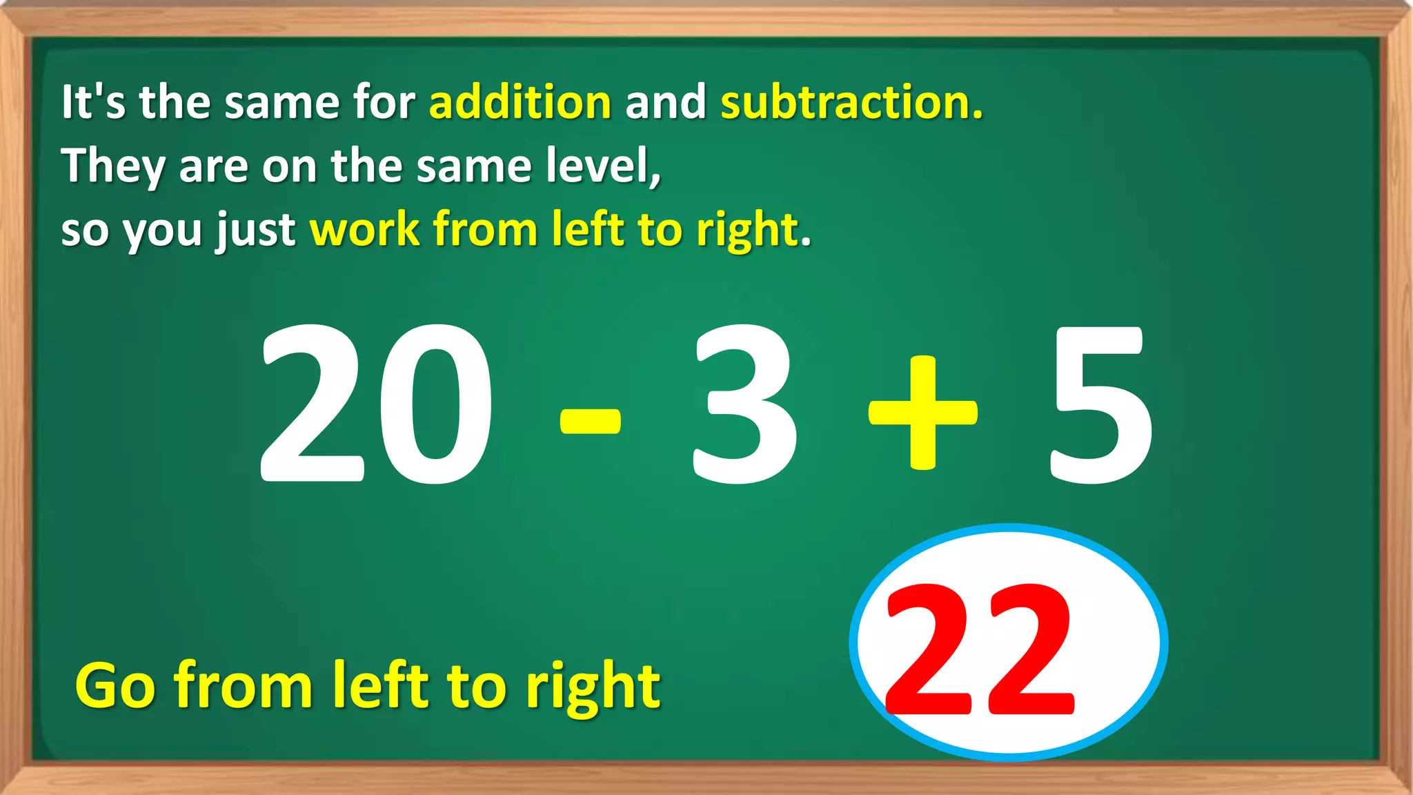 It's the same for addition and subtraction.
They are on the same level,
so you just work from left to right.
20 - 3 + 5
Go from left to right 22