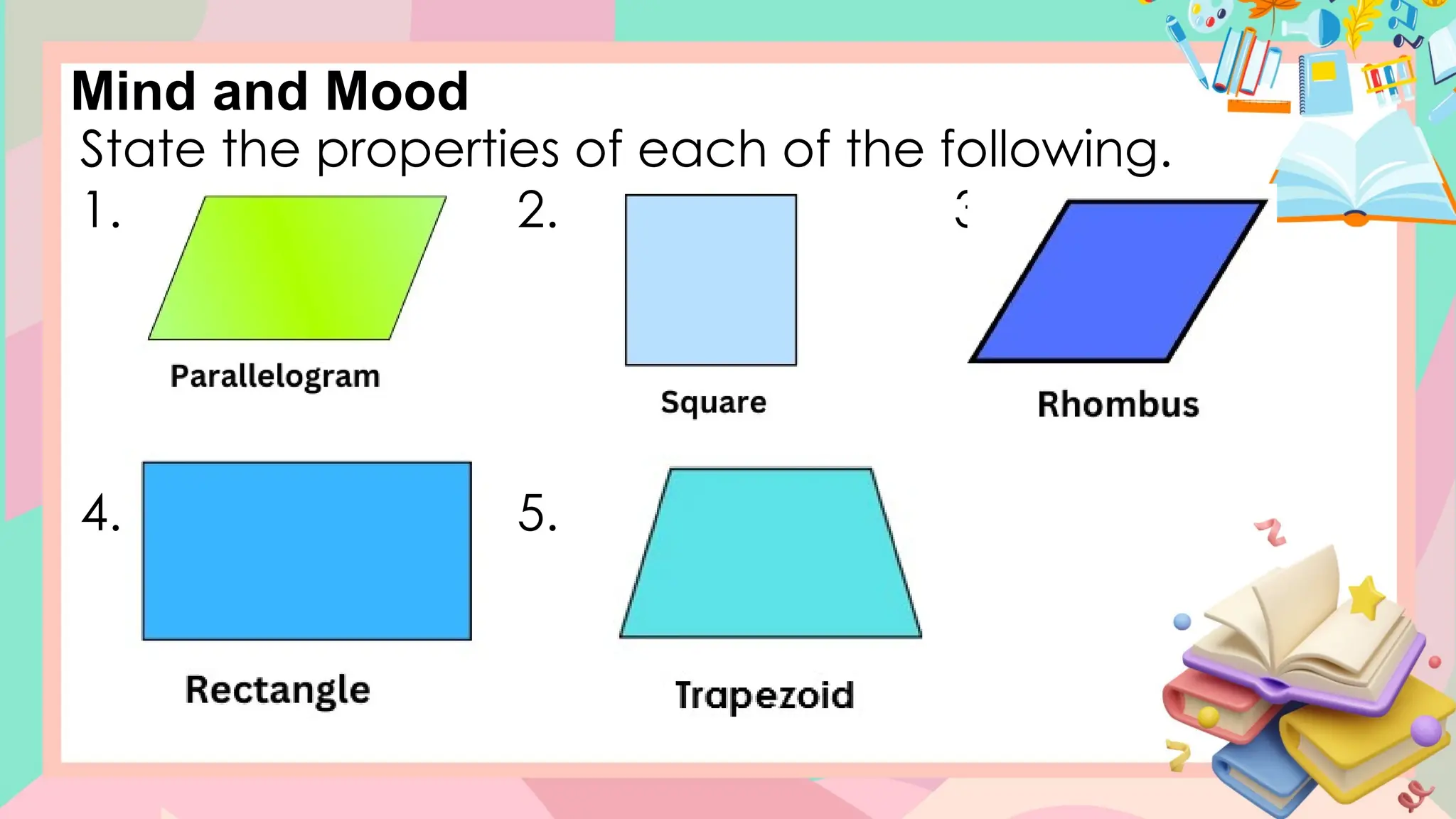 State the properties of each of the following.
1. 2. 3.
4. 5.
Mind and Mood
 