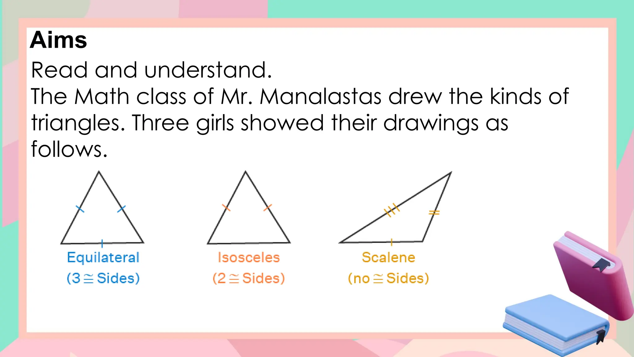 Aims
Read and understand.
The Math class of Mr. Manalastas drew the kinds of
triangles. Three girls showed their drawings as
follows.
 