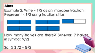 Aims
Example 2: Write 4 1/2 as an improper fraction.
Represent 4 1/2 using fraction strips
How many halves are there? (Answer: 9 halves,
in symbol: 9/2)
So, /2 = /2
𝟒 𝟏 𝟗
 