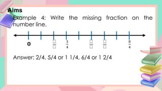 Aims
Example 4: Write the missing fraction on the
number line.
Answer: 2/4, 5/4 or 1 1/4, 6/4 or 1 2/4
 