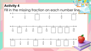 Activity 4
Fill in the missing fraction on each number line.
 