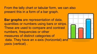 From the tally chart or tabular form, we can also
present this in a form of a bar graph.
Bar graphs are representation of data,
quantities or numbers using bars or strips.
These are used to compare and contrast
numbers, frequencies or other
measures of distinct categories of
data. They have an x-axis (horizontal) and
yaxis (vertical) .
 