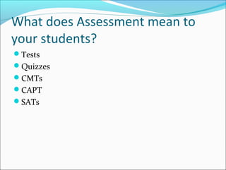 What does Assessment mean to
your students?
Tests
Quizzes
CMTs
CAPT
SATs
 