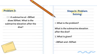 A submarine at -38feet
dives 50feet. What is the
submarine elevation after the
dive?
1. What is the problem?
What is the submarine elevation
after the dive?
Problem 3: Steps in Problem
Solving:
2. What is given?
-38feet and -50feet
 