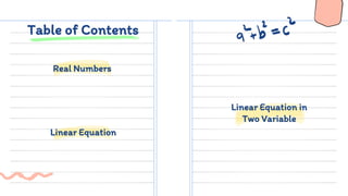 Table of Contents
Linear Equation
Real Numbers
Linear Equation in
Two Variable
 
