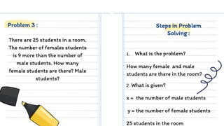 There are 25 students in a room.
The number of females students
is 9 more than the number of
male students. How many
female students are there? Male
students?
1. What is the problem?
How many female and male
students are there in the room?
Problem 3 : Steps in Problem
Solving :
2. What is given?
x = the number of male students
y = the number of female students
25 students in the room
 
