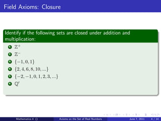 Math 4 axioms on the set of real numbers | PDF