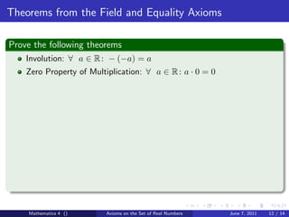 Math 4 axioms on the set of real numbers | PDF