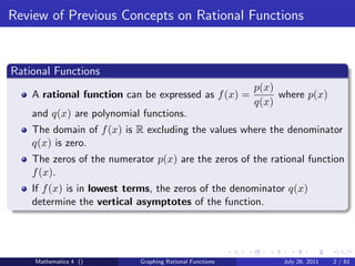 Calculusparameters Equations Use Rational Function Math 4 lecture on Graphing Rational Functions | PDF