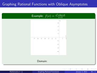 Graphing Rational Functions with Oblique Asymptotes

                                                       x2 +6x+8
                       Example: f (x) =                   x+3
                                                                y

                                                            4


                                                            3


                                                            2


                                                            1

                                                                        x

                        −7   −6   −5   −4   −3   −2   −1            1   2

                                                           −1


                                                           −2


                                                           −3


                                                           −4




                             Domain:


    Mathematics 4 ()          Graphing Rational Functions1                  January 3, 2012   46 / 1
 