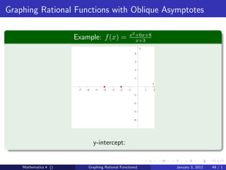 Graphing Rational Functions with Oblique Asymptotes

                                                       x2 +6x+8
                       Example: f (x) =                   x+3
                                                                y

                                                            4


                                                            3


                                                            2


                                                            1

                                                                        x

                        −7   −6   −5   −4   −3   −2   −1            1   2

                                                           −1


                                                           −2


                                                           −3


                                                           −4




                                  y-intercept:


    Mathematics 4 ()          Graphing Rational Functions1                  January 3, 2012   49 / 1
 