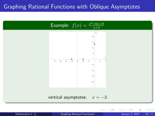 Graphing Rational Functions with Oblique Asymptotes

                                                        x2 +6x+8
                        Example: f (x) =                   x+3
                                                                 y

                                                             4


                                                             3


                                                             2


                                                             1

                                                                         x

                         −7   −6   −5   −4   −3   −2   −1            1   2

                                                            −1


                                                            −2


                                                            −3


                                                            −4




                       vertical asymptotes:                 x = −3


    Mathematics 4 ()           Graphing Rational Functions1                  January 3, 2012   52 / 1
 
