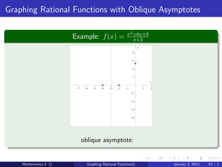 Graphing Rational Functions with Oblique Asymptotes

                                                        x2 +6x+8
                       Example: f (x) =                    x+3
                                                                 y

                                                             4


                                                             3


                                                             2


                                                             1

                                                                         x

                        −7    −6   −5   −4   −3   −2   −1            1   2

                                                            −1


                                                            −2


                                                            −3


                                                            −4




                             oblique asymptote:


    Mathematics 4 ()           Graphing Rational Functions1                  January 3, 2012   53 / 1
 