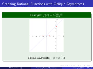 Graphing Rational Functions with Oblique Asymptotes

                                                         x2 +6x+8
                        Example: f (x) =                    x+3
                                                                  y

                                                              4


                                                              3


                                                              2


                                                              1

                                                                          x

                          −7   −6   −5   −4   −3   −2   −1            1   2

                                                             −1


                                                             −2


                                                             −3


                                                             −4




                       oblique asymptote:                y =x+3


    Mathematics 4 ()            Graphing Rational Functions1                  January 3, 2012   54 / 1
 