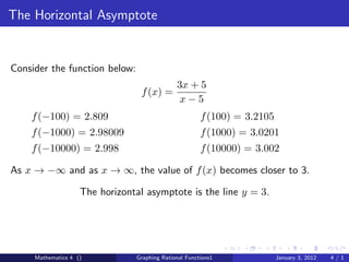 The Horizontal Asymptote


Consider the function below:
                                              3x + 5
                                  f (x) =
                                               x−5
    f (−100) = 2.809                                   f (100) = 3.2105
    f (−1000) = 2.98009                                f (1000) = 3.0201
    f (−10000) = 2.998                                 f (10000) = 3.002

As x → −∞ and as x → ∞, the value of f (x) becomes closer to 3.

                    The horizontal asymptote is the line y = 3.




     Mathematics 4 ()           Graphing Rational Functions1              January 3, 2012   4/1
 