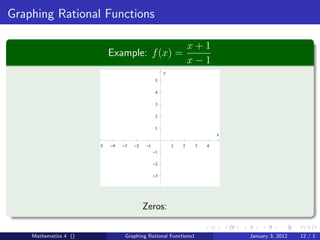 Graphing Rational Functions

                                                                 x+1
                            Example: f (x) =
                                                                 x−1
                                                     y
                                                 5

                                                 4

                                                 3

                                                 2

                                                 1
                                                                          x

                       −5   −4   −3   −2   −1            1   2    3   4
                                                −1

                                                −2

                                                −3




                                           Zeros:

    Mathematics 4 ()              Graphing Rational Functions1                January 3, 2012   12 / 1
 