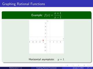 Graphing Rational Functions

                                                                 x+1
                            Example: f (x) =
                                                                 x−1
                                                     y
                                                 5

                                                 4

                                                 3

                                                 2

                                                 1
                                                                           x

                       −5   −4   −3   −2   −1            1   2    3    4
                                                −1

                                                −2

                                                −3




                       Horizontal asymptote:                          y=1

    Mathematics 4 ()              Graphing Rational Functions1                 January 3, 2012   17 / 1
 
