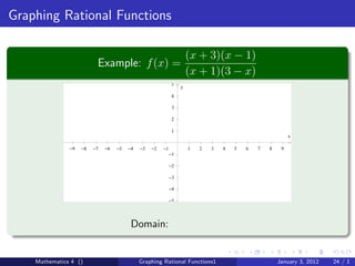 Graphing Rational Functions

                                                                     (x + 3)(x − 1)
                          Example: f (x) =
                                                                     (x + 1)(3 − x)
                                                             5
                                                                 y
                                                             4

                                                             3

                                                             2

                                                             1
                                                                                                          x

               −9   −8   −7   −6   −5   −4   −3   −2   −1            1   2   3   4   5   6   7   8    9
                                                            −1

                                                            −2

                                                            −3

                                                            −4

                                                            −5




                                         Domain:


    Mathematics 4 ()                         Graphing Rational Functions1                            January 3, 2012   24 / 1
 