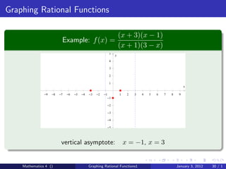 Graphing Rational Functions

                                                                     (x + 3)(x − 1)
                          Example: f (x) =
                                                                     (x + 1)(3 − x)
                                                             5
                                                                 y
                                                             4

                                                             3

                                                             2

                                                             1
                                                                                                           x

               −9   −8   −7   −6   −5   −4   −3   −2   −1            1    2   3   4   5   6   7   8    9
                                                            −1

                                                            −2

                                                            −3

                                                            −4

                                                            −5




                          vertical asymptote:                            x = −1, x = 3


    Mathematics 4 ()                         Graphing Rational Functions1                             January 3, 2012   30 / 1
 