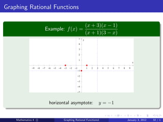 Graphing Rational Functions

                                                                     (x + 3)(x − 1)
                          Example: f (x) =
                                                                     (x + 1)(3 − x)
                                                             5
                                                                 y
                                                             4

                                                             3

                                                             2

                                                             1
                                                                                                           x

               −9   −8   −7   −6   −5   −4   −3   −2   −1            1   2   3    4   5   6   7   8    9
                                                            −1

                                                            −2

                                                            −3

                                                            −4

                                                            −5




                              horizontal asymptote:                              y = −1


    Mathematics 4 ()                         Graphing Rational Functions1                             January 3, 2012   32 / 1
 
