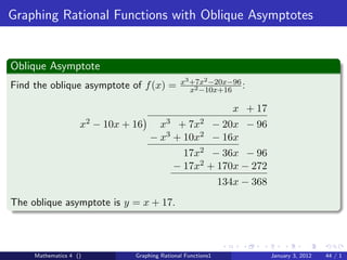 Graphing Rational Functions with Oblique Asymptotes


Oblique Asymptote
                                                 x3 +7x2 −20x−96
Find the oblique asymptote of f (x) =               x2 −10x+16
                                                                 :

                                                                   x + 17
                    x2   − 10x + 16       x3+       7x2
                                                  − 20x − 96
                                      − x3 + 10x2 − 16x
                                                 17x2 − 36x − 96
                                               − 17x2 + 170x − 272
                                                                134x − 368
The oblique asymptote is y = x + 17.



     Mathematics 4 ()            Graphing Rational Functions1                January 3, 2012   44 / 1
 