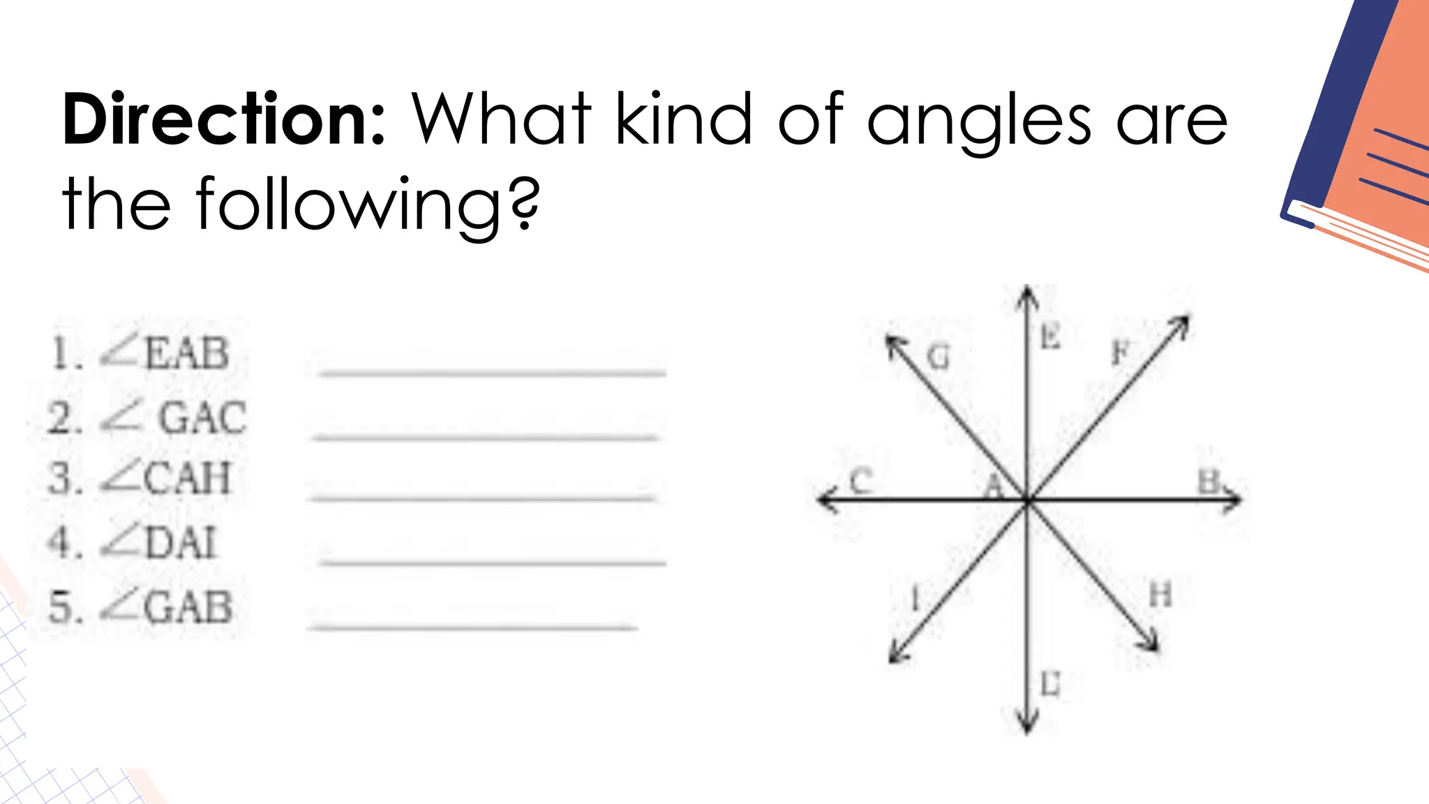 Direction: What kind of angles are
the following?
 